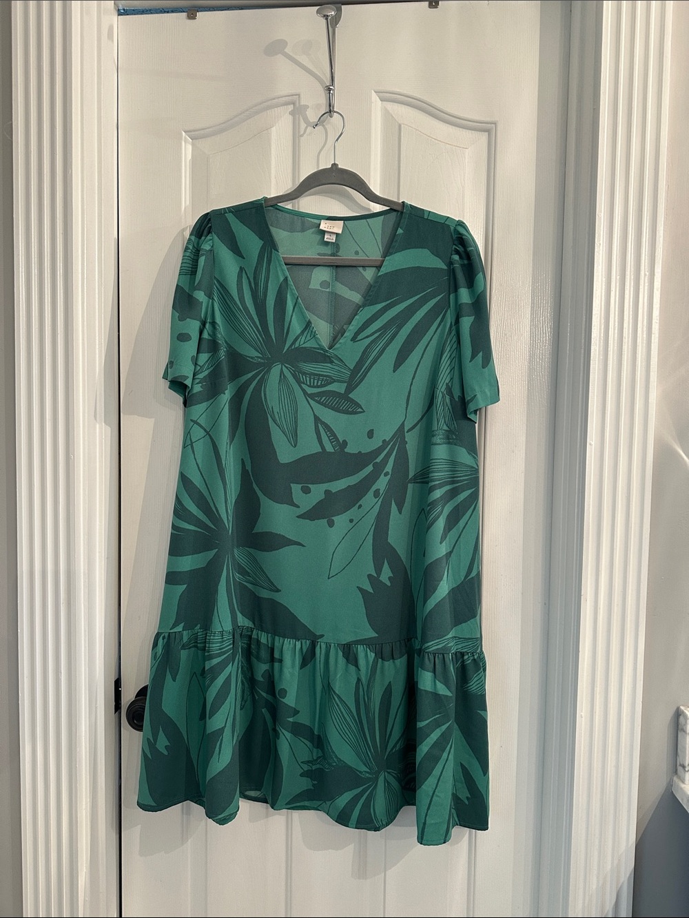 a new day Teal Green Tropical V-Neck Ruffle-Hem Mini Dress